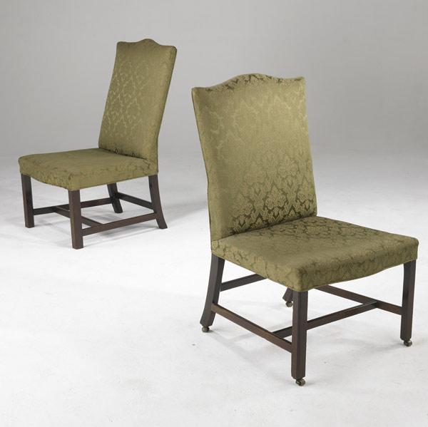 Appraisal: TWO ENGLISH CHIPPENDALE SIDECHAIRS Upholstered in green silk damask with