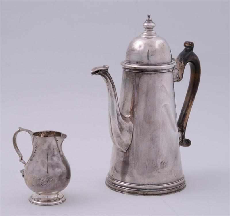 Appraisal: ENGLISH ARMORIAL SILVER LIGHTHOUSE-FORM COFFEE POT AND AN ENGLISH SILVER