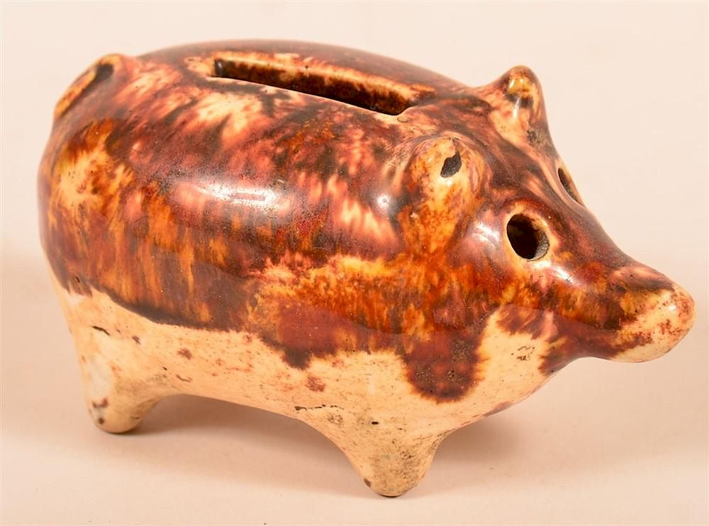 Appraisal: Earthenware Pig Form Still Bank Brown and Red Mottle Glazed