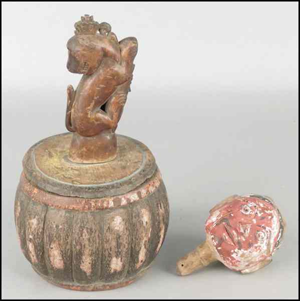 Appraisal: CARVED PAINTED WOOD COVERED VESSEL With figural finial Ht ''