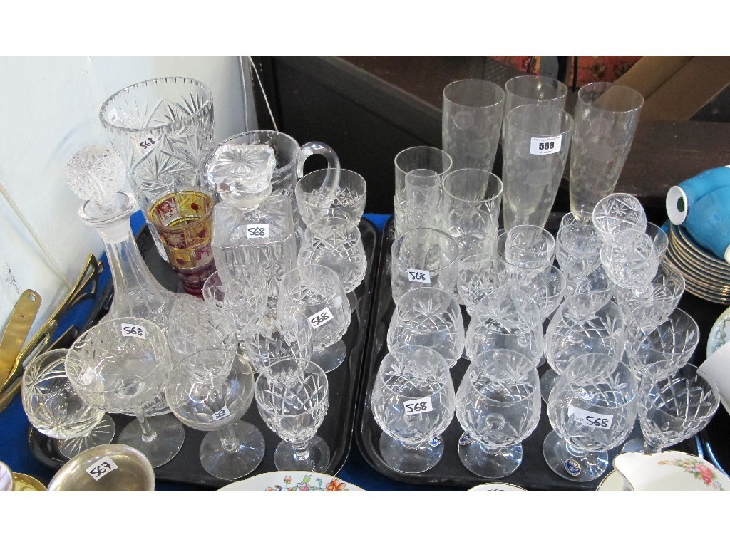 Appraisal: Two trays of assorted cut glass and crystal glasses decanters