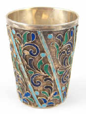 Appraisal: A Russian silver vodka tot the cloisonne diagonal panels over