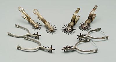 Appraisal: Four pairs vintage spurs brass each with iron rowels American