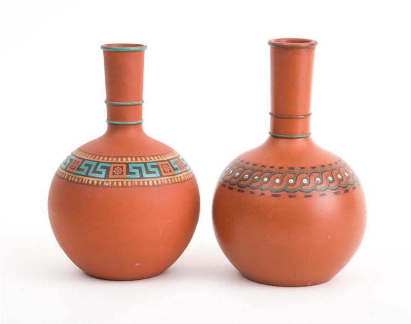 Appraisal: TWO ENGLISH DECORATED TERRACOTTA WATER BOTTLES Circa x in Estimate