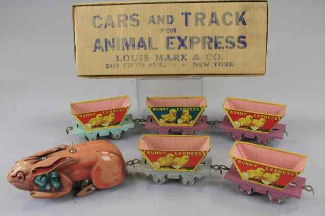 Appraisal: BOXED ANIMAL EXPRESS WITH BUNNY EXPRESS CARS Marx lithographed tin