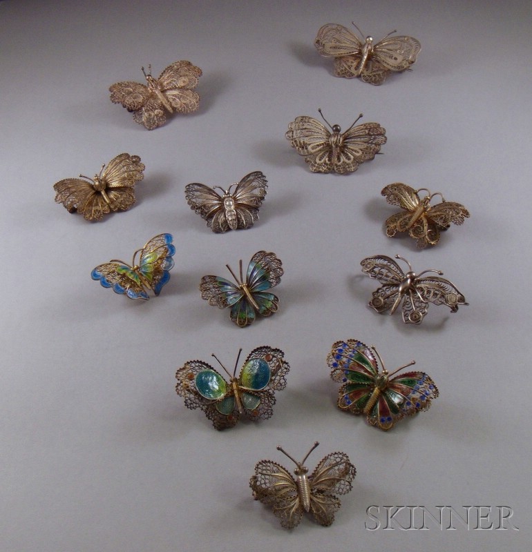 Appraisal: Twelve and Other Silver Filigree Butterfly-form Pins including four enamel