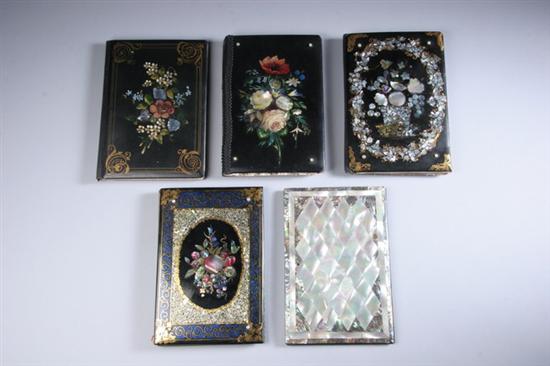 Appraisal: FIVE VICTORIAN PAPIER M CH AND MOTHER-OF-PEARL INLAID BOOK COVERS