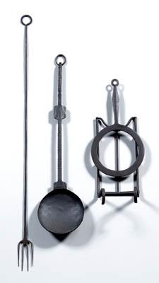 Appraisal: Three pieces wrought iron ladle with shallow pan handle with