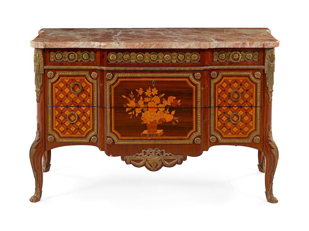 Appraisal: A Transitional Style Gilt Bronze Mounted Marquetry Commode A Transitional