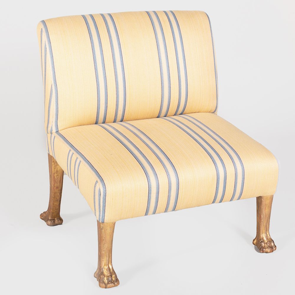 Appraisal: Small Giltwood Slipper Chair Upholstered in striped linen fabric x