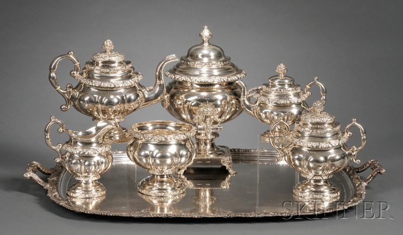 Appraisal: Six Piece Empire Coin Silver Tea Service with Silverplated Tray