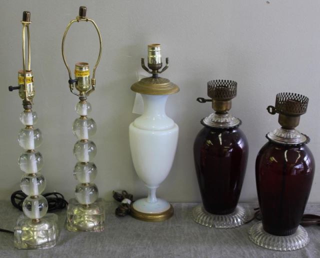 Appraisal: Lighting Lot Including Opaline Bronze MountedLamp Together with a pair