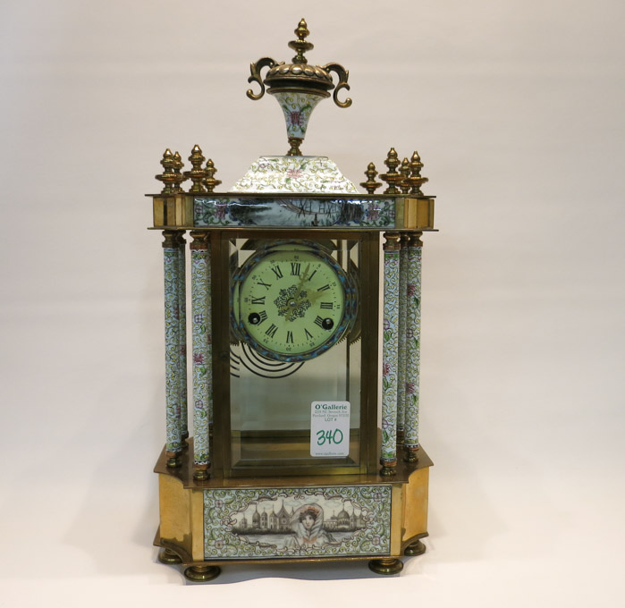 Appraisal: MODERN CHINESE MANTEL CLOCK having eight enameled columns supporting brass