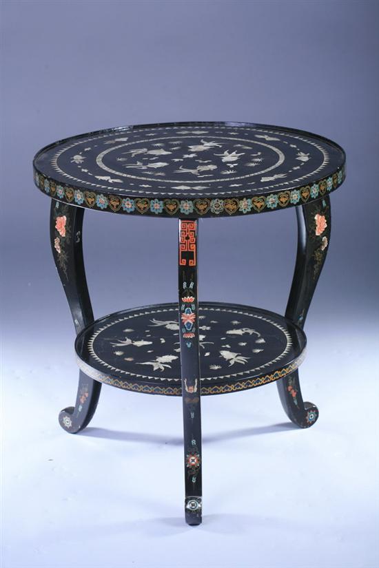 Appraisal: VIETNAMESE MOTHER-OF-PEARL INLAID BLACK LACQUERED TWO-TIER TABLE Circular top above