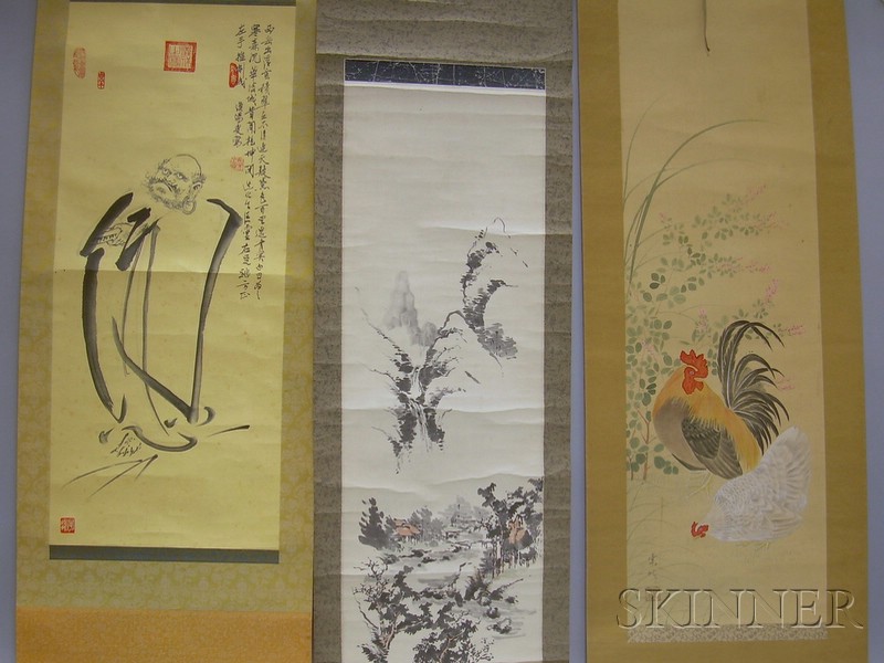 Appraisal: Three Japanese Scrolls depicting two roosters in a yard a