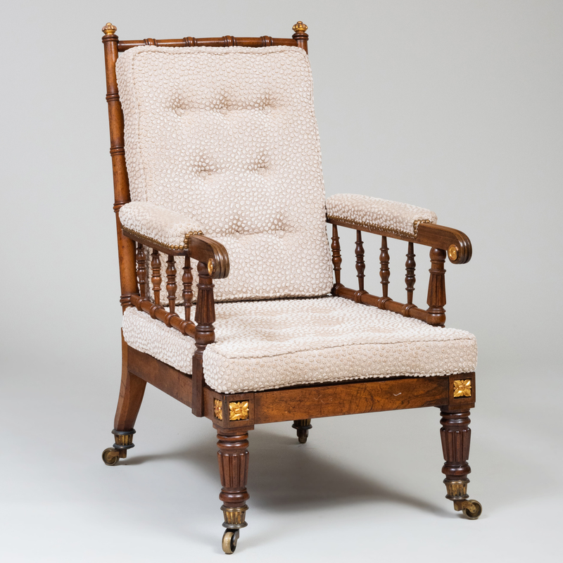 Appraisal: Victorian Mahogany Carved Rosewood and Parcel-Gilt Armchair x x in