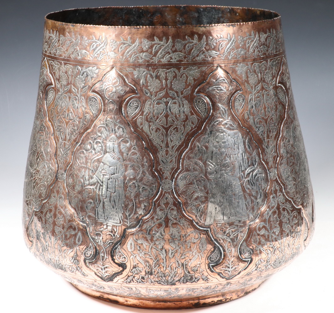 Appraisal: MIDDLE EASTERN SILVER INLAID COPPER JARDINIERE Large th c Hand