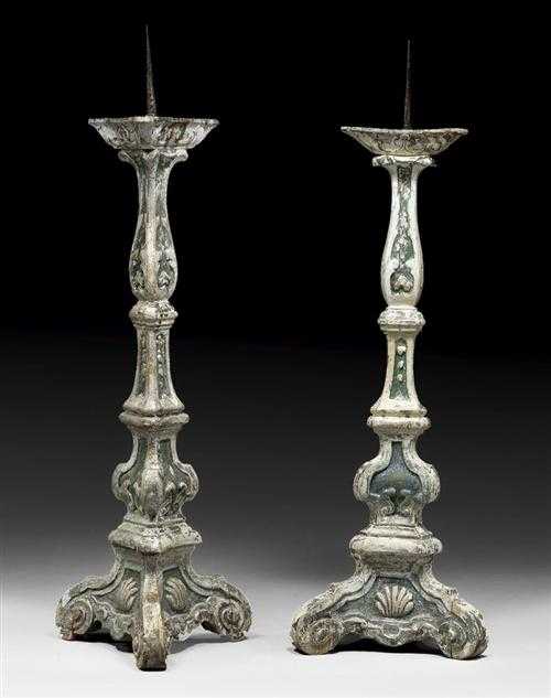 Appraisal: PAIR OF PAINTED CANDLE HOLDERS Baroque Italy th century Carved