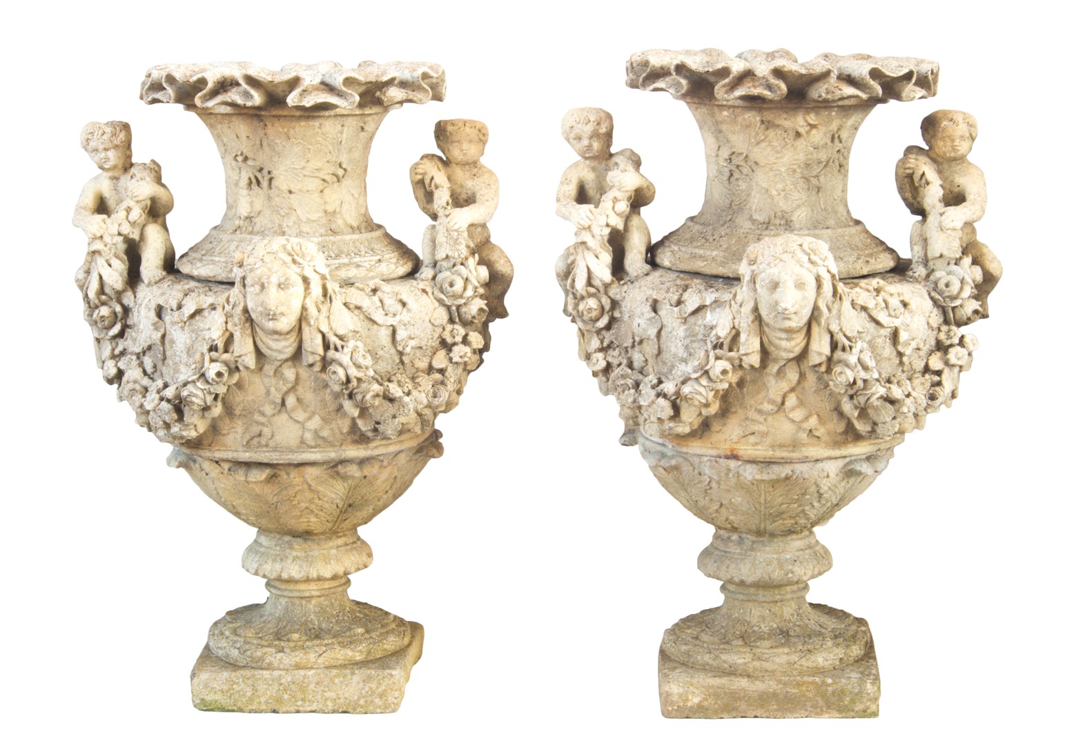 Appraisal: A pair of reconstituted stone three part garden urns of