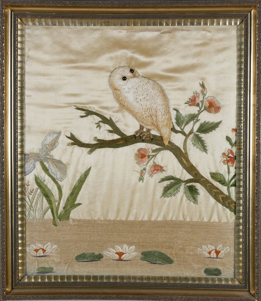 Appraisal: Trapunto Silk Embroidery of a Snowy Owl on Flowering Tree