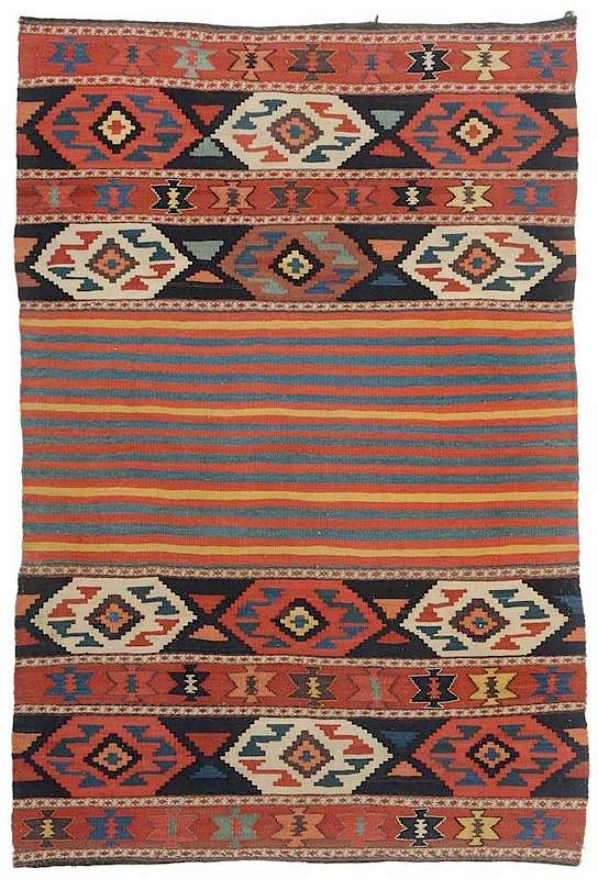 Appraisal: Mafrash Bag Rug Caucasian brightly colored central stripes with geometric