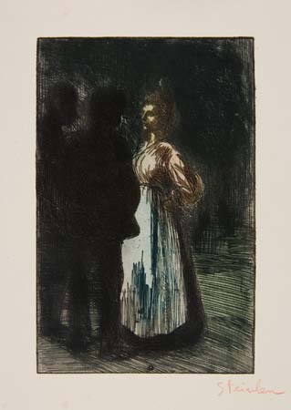 Appraisal: TH OPHILE STEINLEN Colloque nocturne Etching with hand coloring in