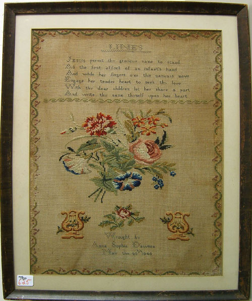 Appraisal: Wool needlework dated wrought by Anna Sophia Dawson x