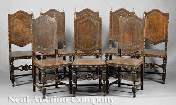 Appraisal: A Set of Eight Portuguese Walnut and Tooled Leather Side