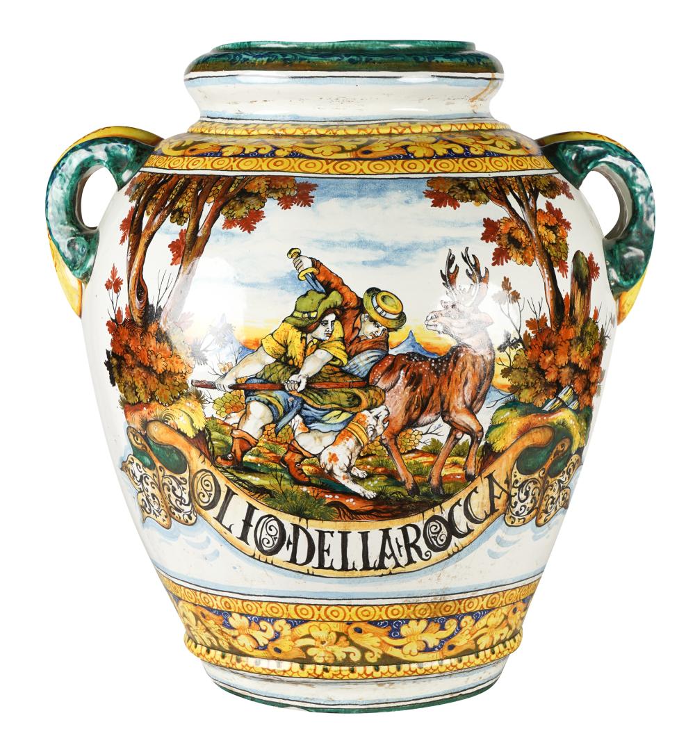 Appraisal: LARGE ITALIAN MAJOLICA URNhand-painted with a scene of hunters on