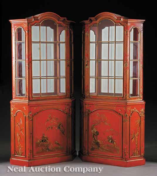 Appraisal: A Pair of George III-Style Chinoiserie Paint-Decorated Cabinet Vitrines scarlet