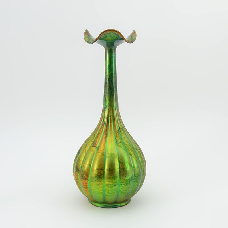 Appraisal: CIRCA - ZSOLNAY EOSIN FLUTED VASE Iridescent green and yellow