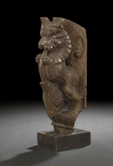 Appraisal: Indian Carved Hardwood Corbel of a Rampant Lion in the