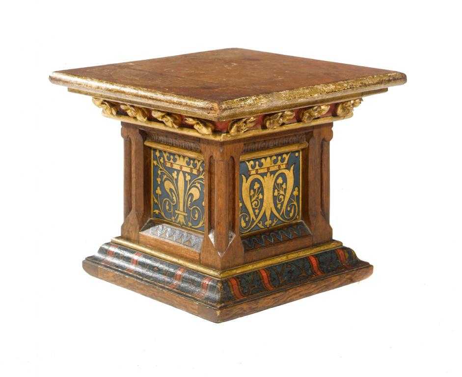 Appraisal: A VICTORIAN GOTHIC PAINTED AND GILDED OAK PEDESTAL IN THE