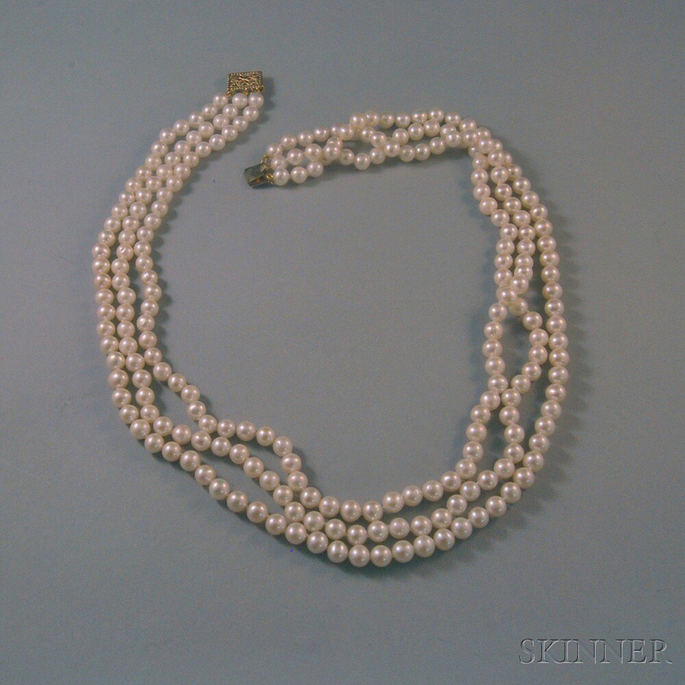 Appraisal: Triple-strand Cultured Pearl Necklace completed by a kt gold clasp