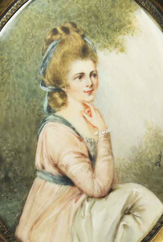 Appraisal: MINIATURE PAINTING ON IVORY OF A YOUNG WOMAN Pensively posing