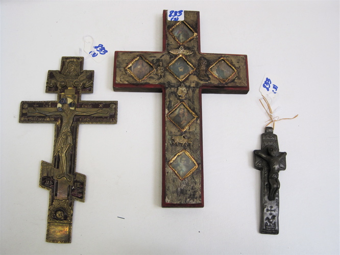 Appraisal: TWO CRUCIFIXES AND A WOODEN CROSS the latter having glass