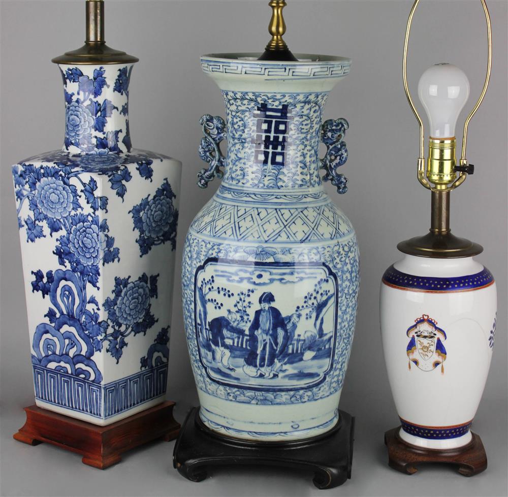 Appraisal: THREE CHINESE UNDERGLAZE BLUE DECORATED TABLE LAMPS including a Chinese