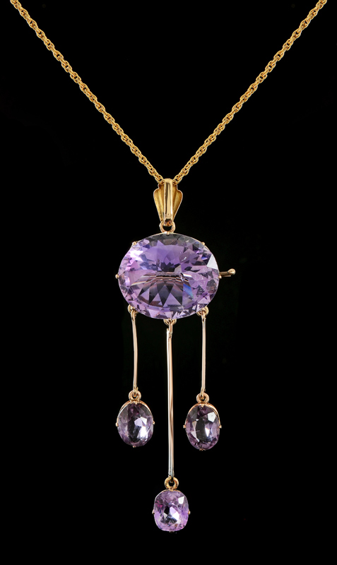 Appraisal: CT AMETHYST BROOCH PENDANT NECKLACE K yellow gold pendant suspended