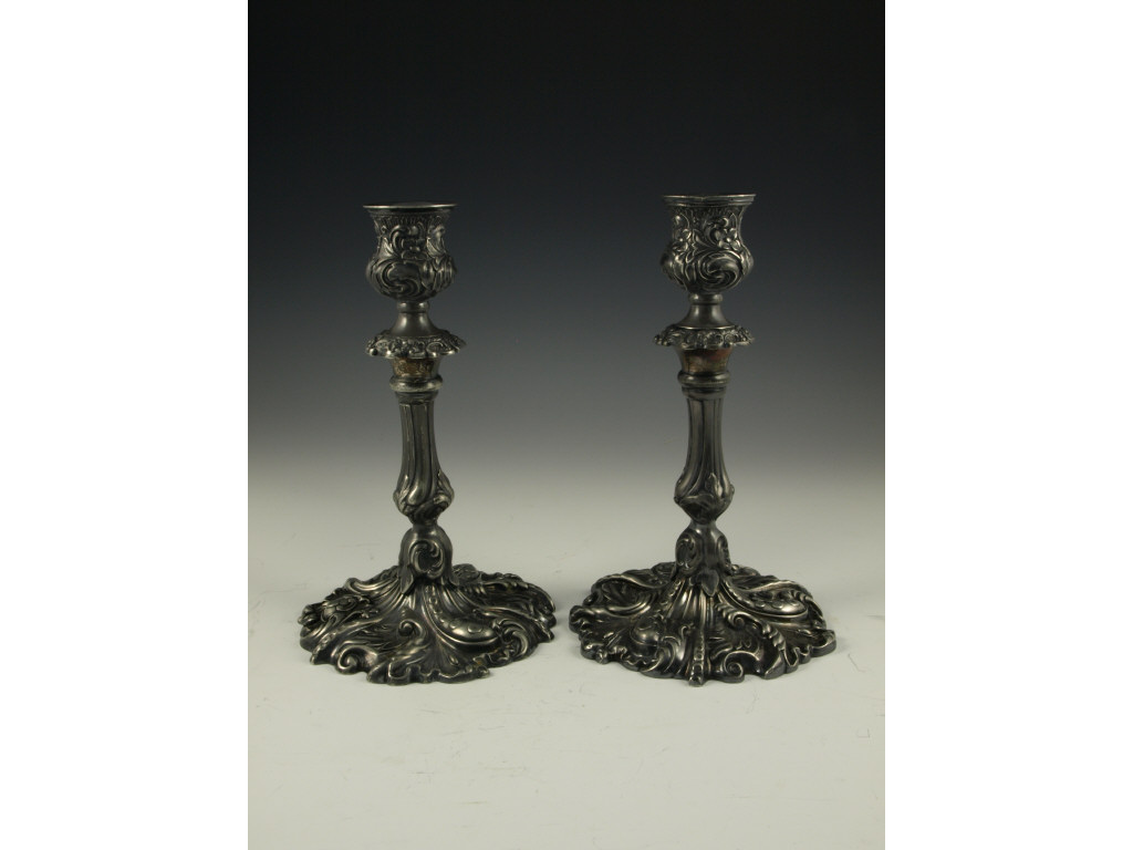 Appraisal: Pair of Art Nouveau Silver Plate Candlesticks by the Derby