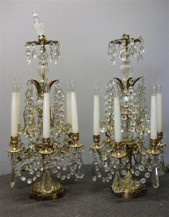 Appraisal: Pair of gilt metal and cut glass six branch candelabra