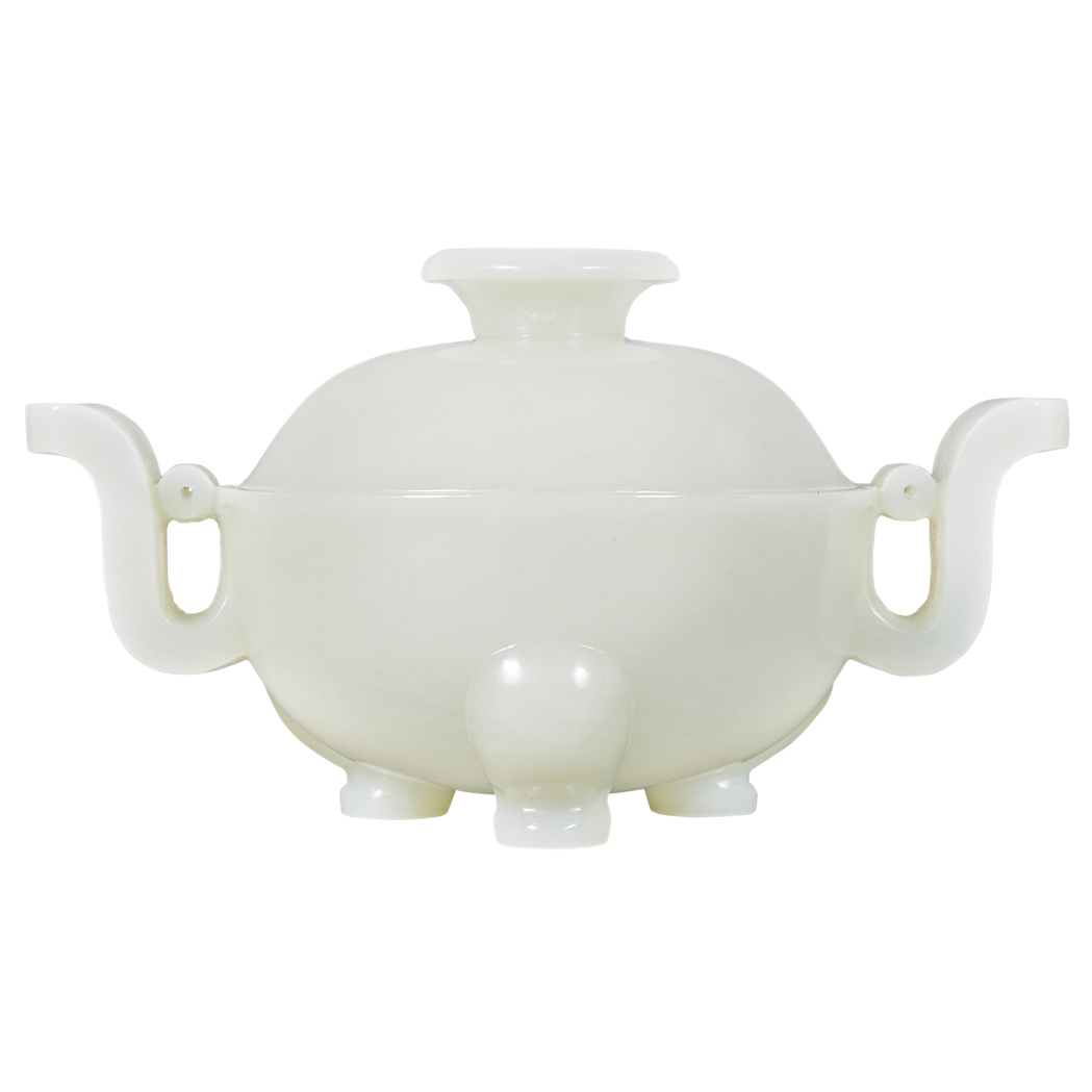 Appraisal: Chinese White Jade Covered Tripod Censer The ovoid-form body set