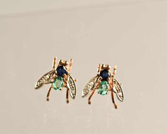 Appraisal: A Pair of Gold Sapphire Emerald Diamond Earrings in flying