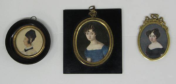 Appraisal: Three portrait miniatures of ladies th century Comprising oval portrait