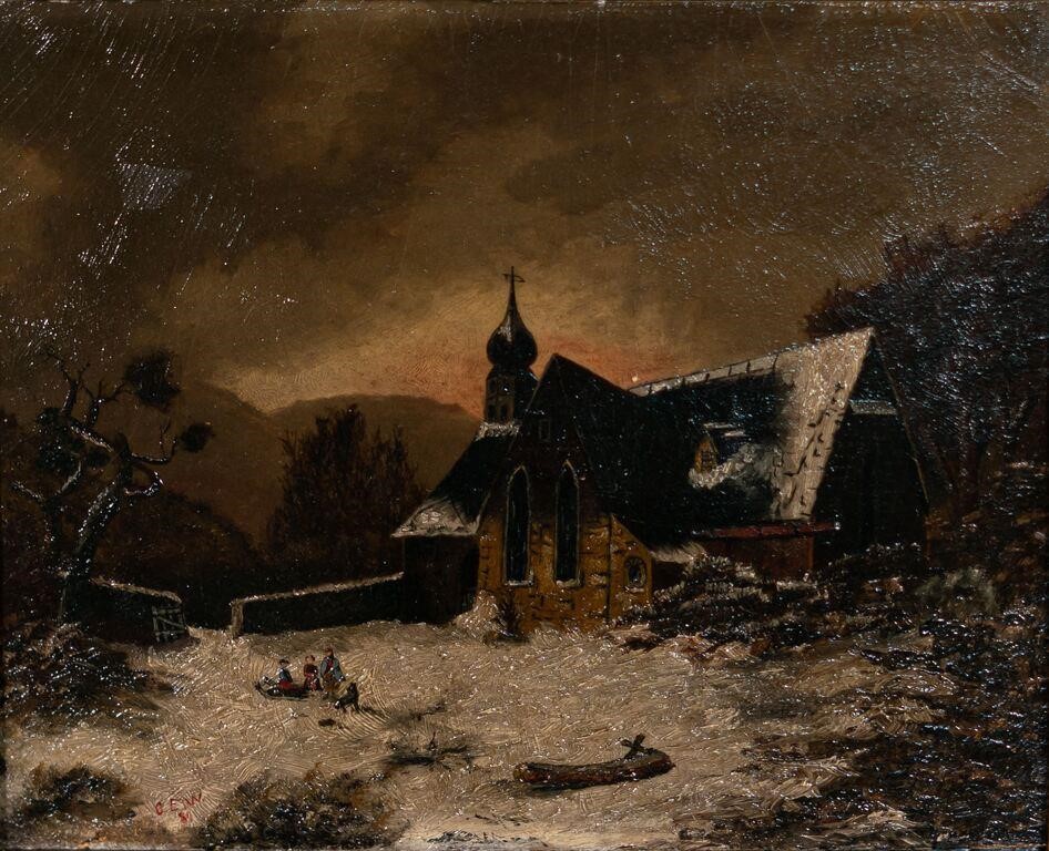 Appraisal: Oil on panel church in winter landscape Artist initialed C