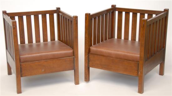 Appraisal: PAIR MISSION-STYLE OAK CUBE CHAIRS With thru-tenons H D W