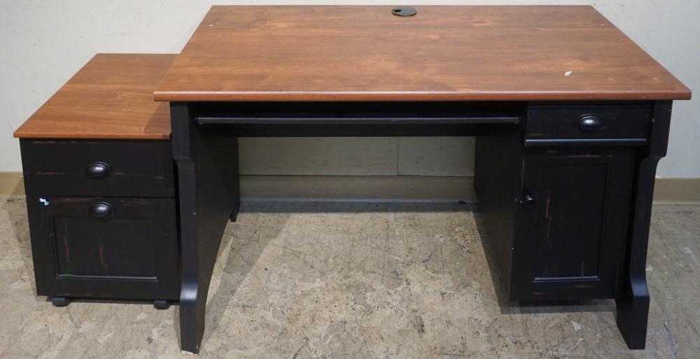 Appraisal: EBONIZED WOOD BASE FRUITWOOD TOP COMPUTER DESK AND SIDE CABINET