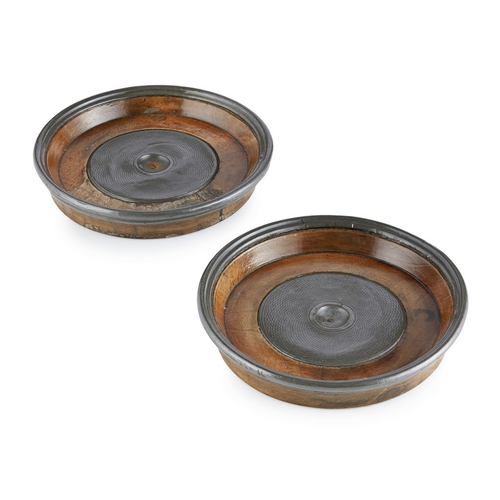 Appraisal: PAIR OF FRUITWOOD PEWTER MOUNTED WINE COASTERS EARLY TH CENTURY