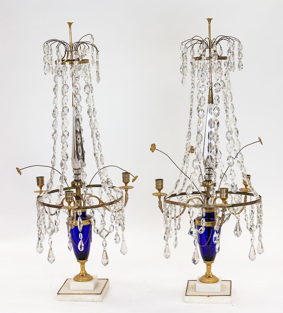 Appraisal: A PAIR OF RUSSIAN CUT CRYSTAL AND COBALT GLASS CANDELABRA