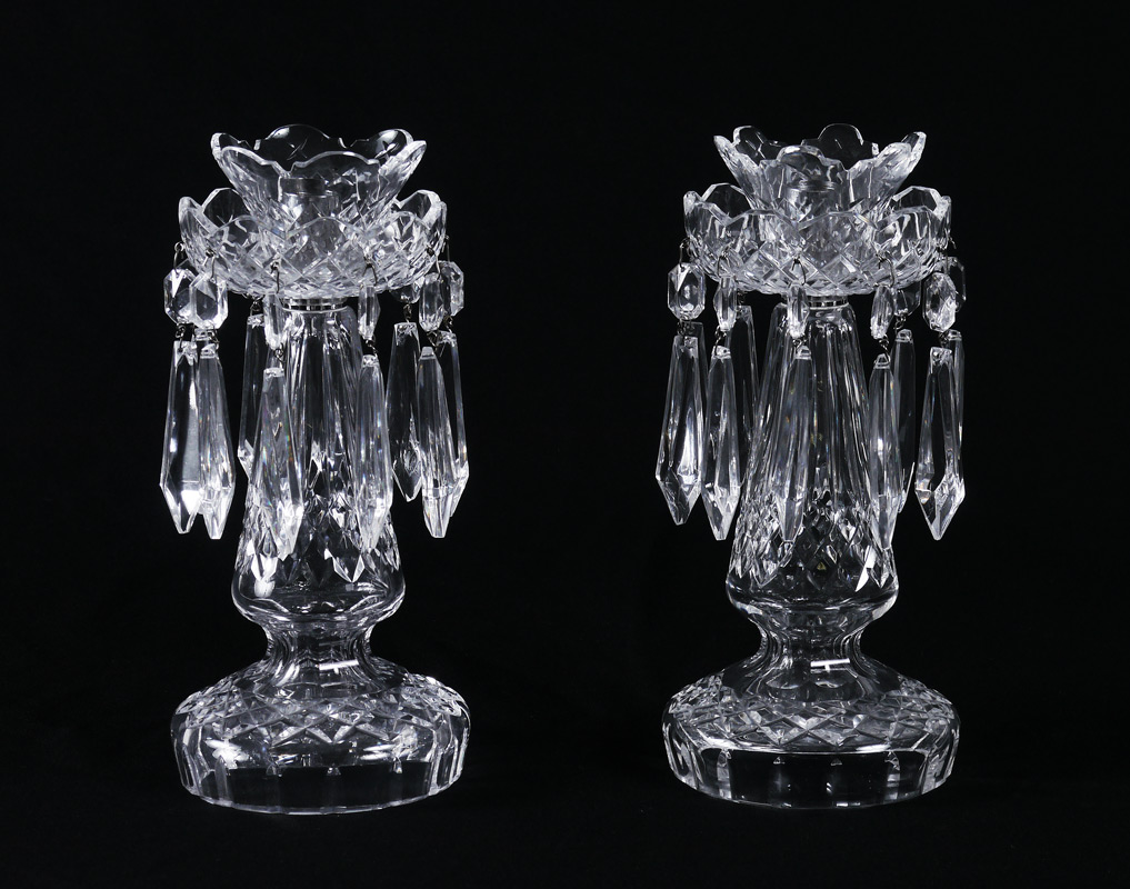 Appraisal: PAIR WATERFORD CRYSTAL LUSTERS Each holds single candle cut glass