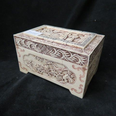 Appraisal: Chinese Carved Bone Dresser Box figures on terrace birds foliage